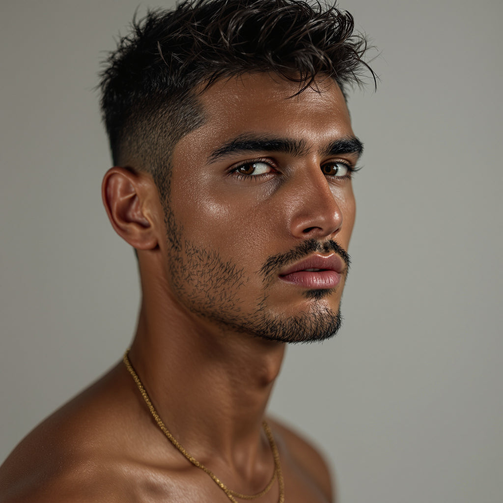 Modelo IA masculino — editorial fondo neutro