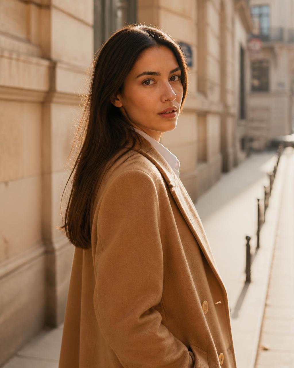 Modelo IA — abrigo camel calle París luz dorada
